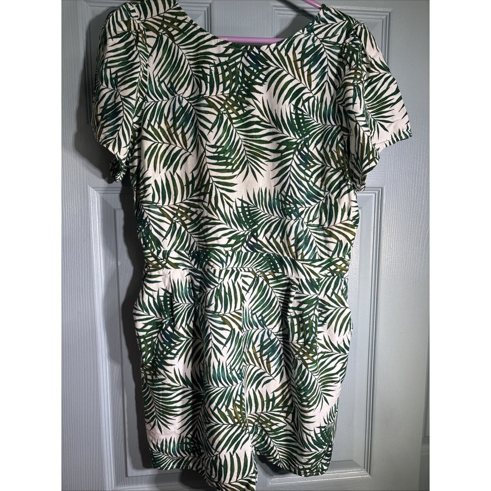 LOFT‎ Palm Leaf Print Romper M | Linen Blend Keyhole Tie Back Resort Wear